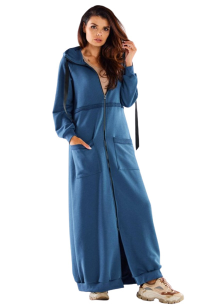 Bluza damska długa z kapturem rozpinana dresowa bawełna niebieska